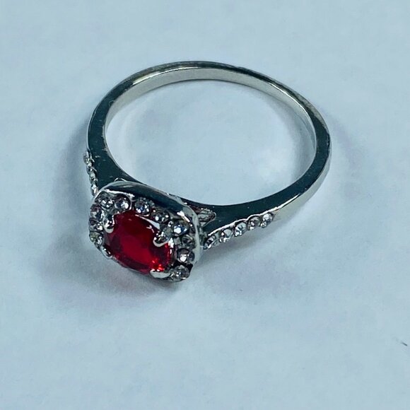 Fashion Ring Stone is Red Shade in Silver Color Band Rhinestone Accents size 9 - Picture 2 of 9